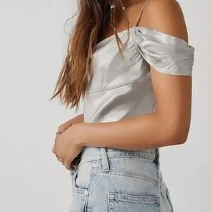 Free People NEW Silver Metallic Off Shoulder Ruched Glam Party Crop Top